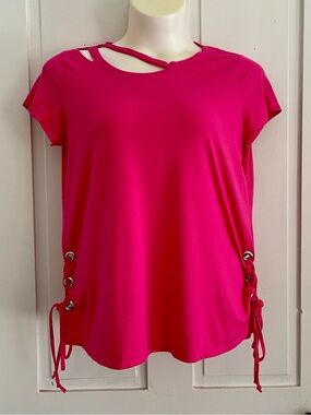 Women's Hot Pink Short Sleeve Top with Side Lace-Up Detail